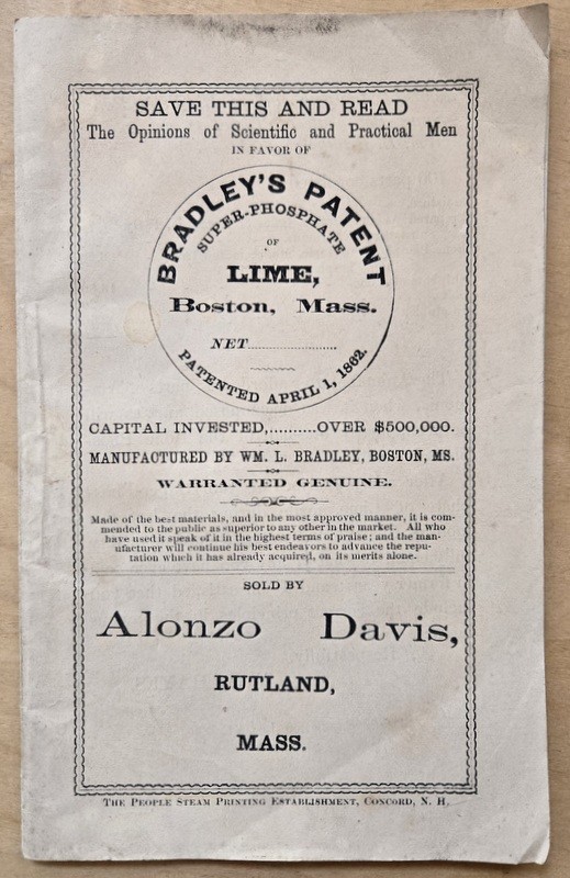 c1869 Bradley&rsquo;s Patent Phosphate Lime Brochure Boston MA Alonzo Davis Rutland MA