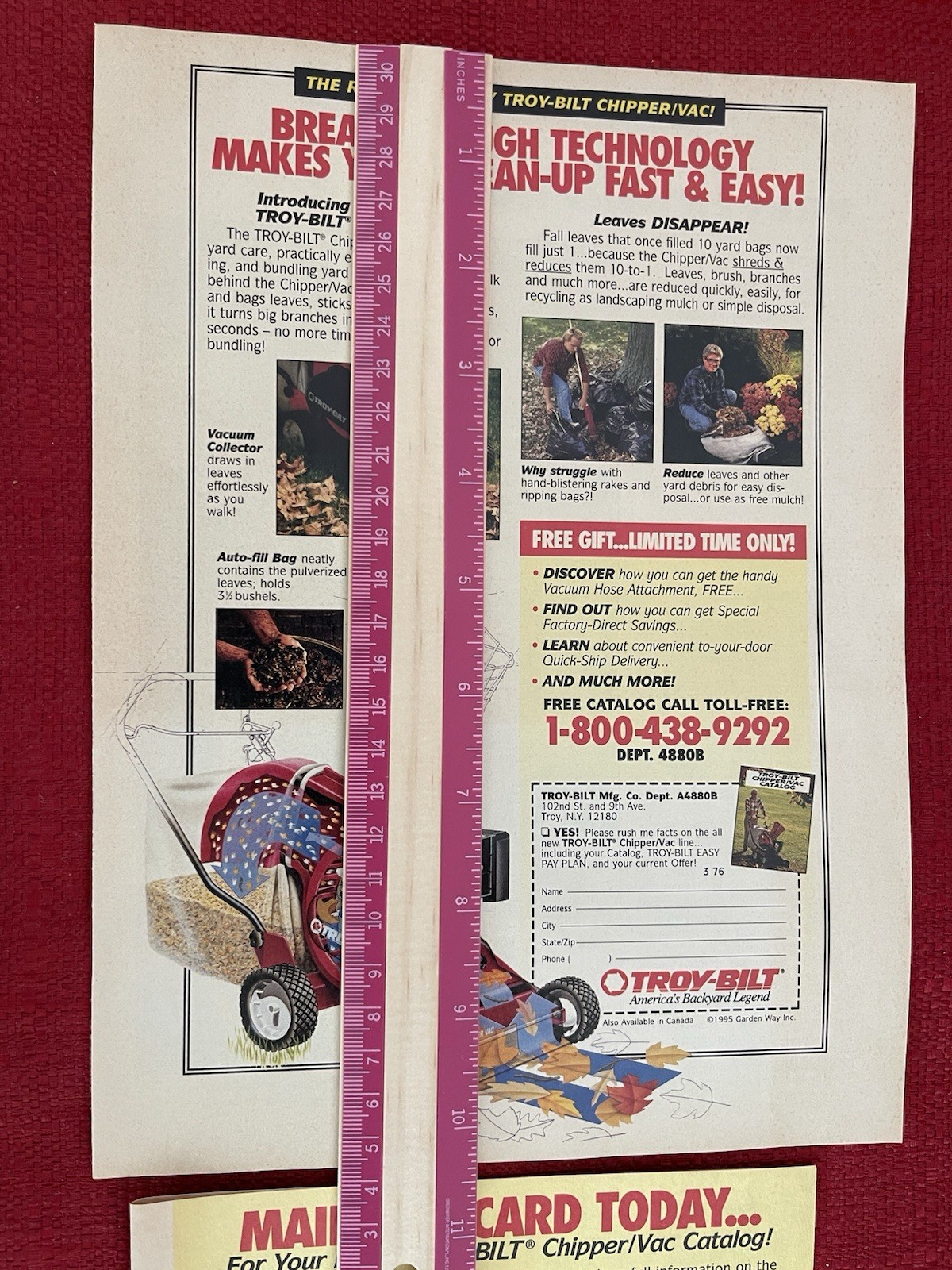 Vintage 1995 Troy Built Chipper Vac Print Ad Yard Debri Tree Branches Leaves Ad