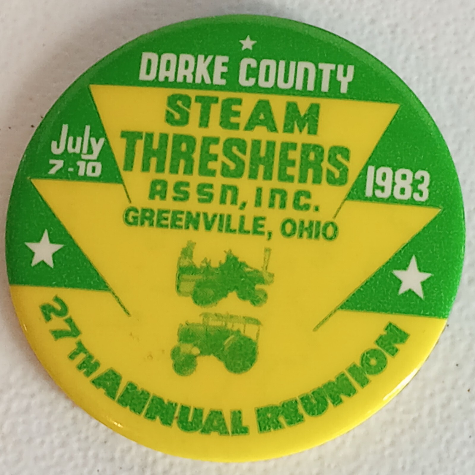 Vintage Darke County Steam Threshers Annual Reunion Button Pin Greenville Ohio