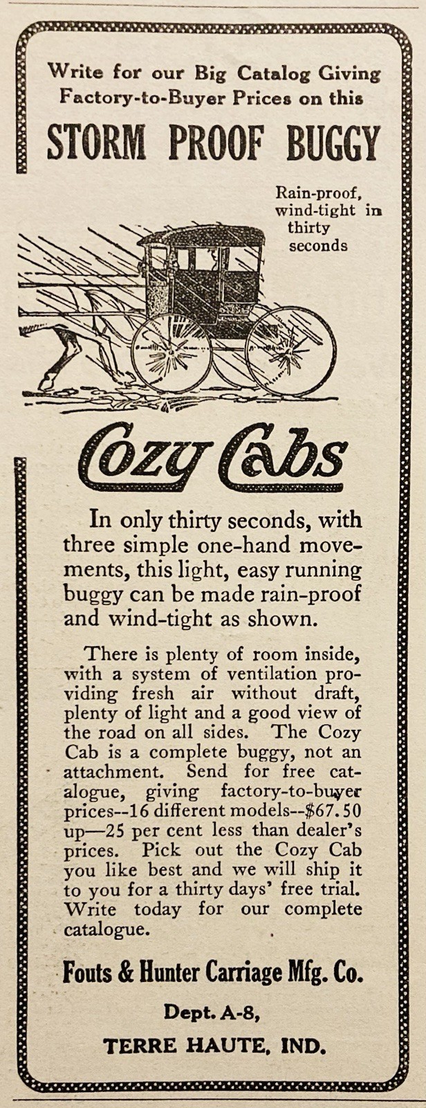 1911 AD.(XH88)~FOUTS & HUNTER CARRIAGE CO. TERRE HAUTE, IND. COZY CAB BUGGIES