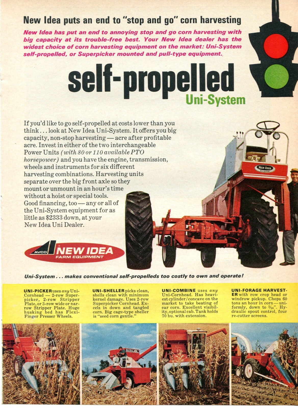 1966 Print Ad of New Idea Uni-System Combine Sheller Picker Harvester Tractor