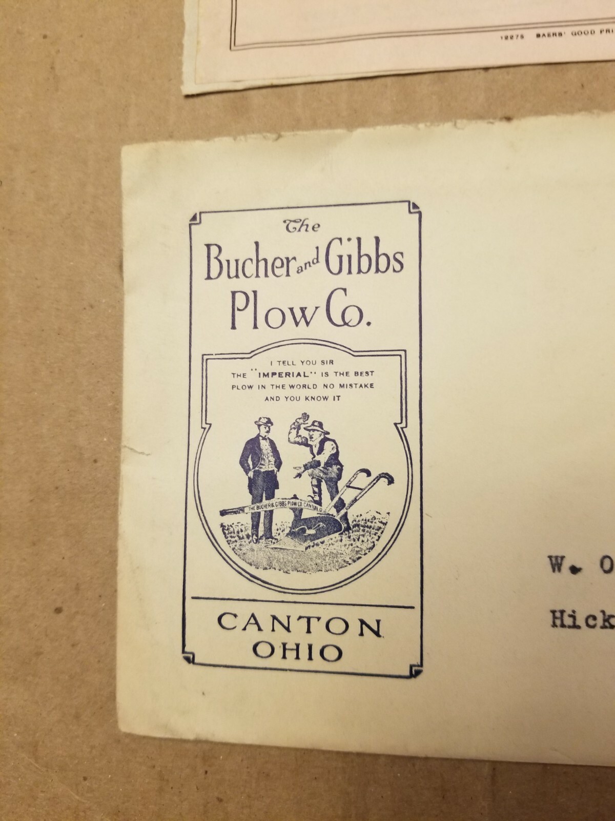 VTG AGRICULTURE ENVELOPE & RECEIPT. 1916. THE BUCHER AND GIBBS PLOW CO.