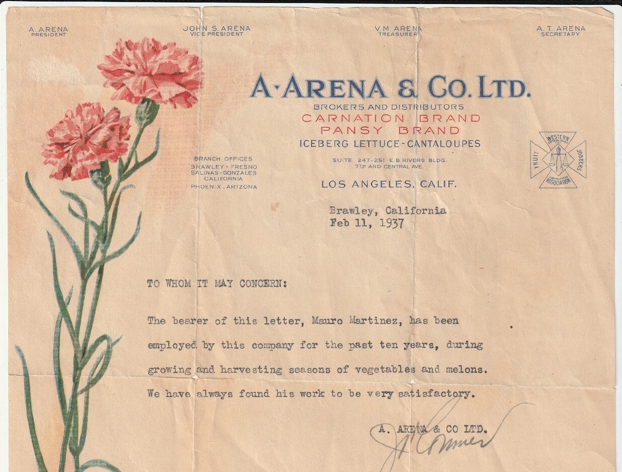 Color Letterhead A Arena & co ltd flower & vegetable distributer 1937