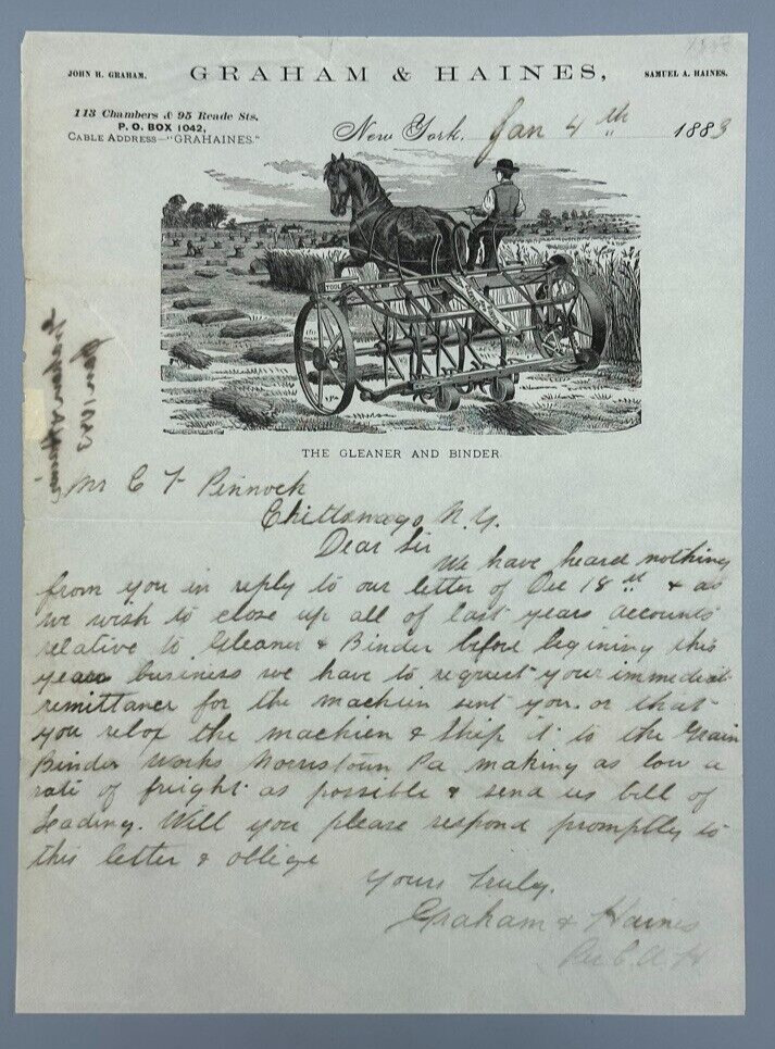 1883 GRAHAM & HAINES Gleaner Binder FARM Advertising Illustrated Letter Antique