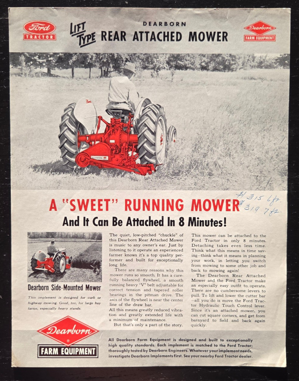 1950 FORD TRACTOR DEARBORN FARM EQUIPMENT REAR ATTACHED MOWER ADVERTISEMENT
