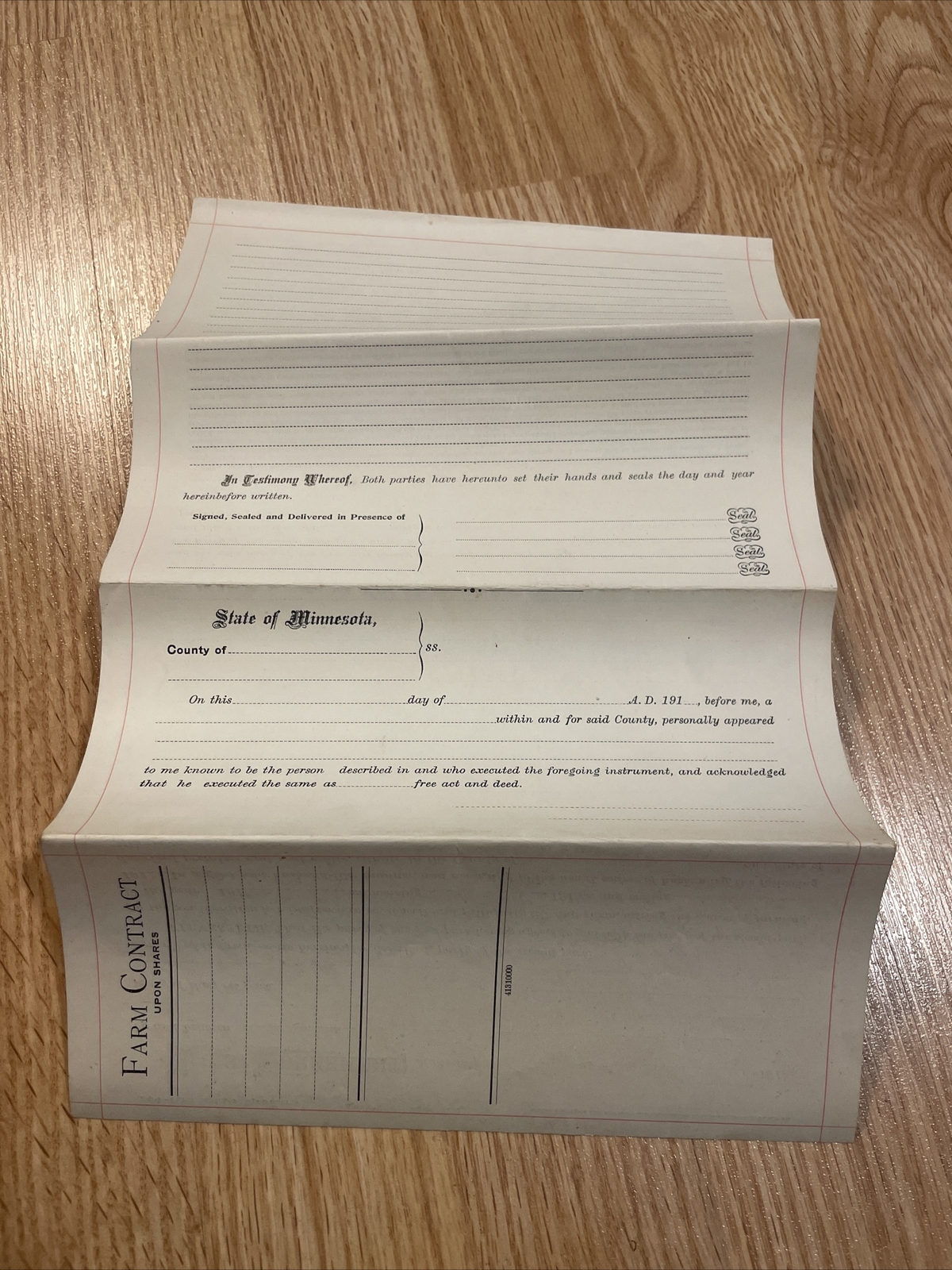State Of Minnesota Farm Contract Early 1900’s