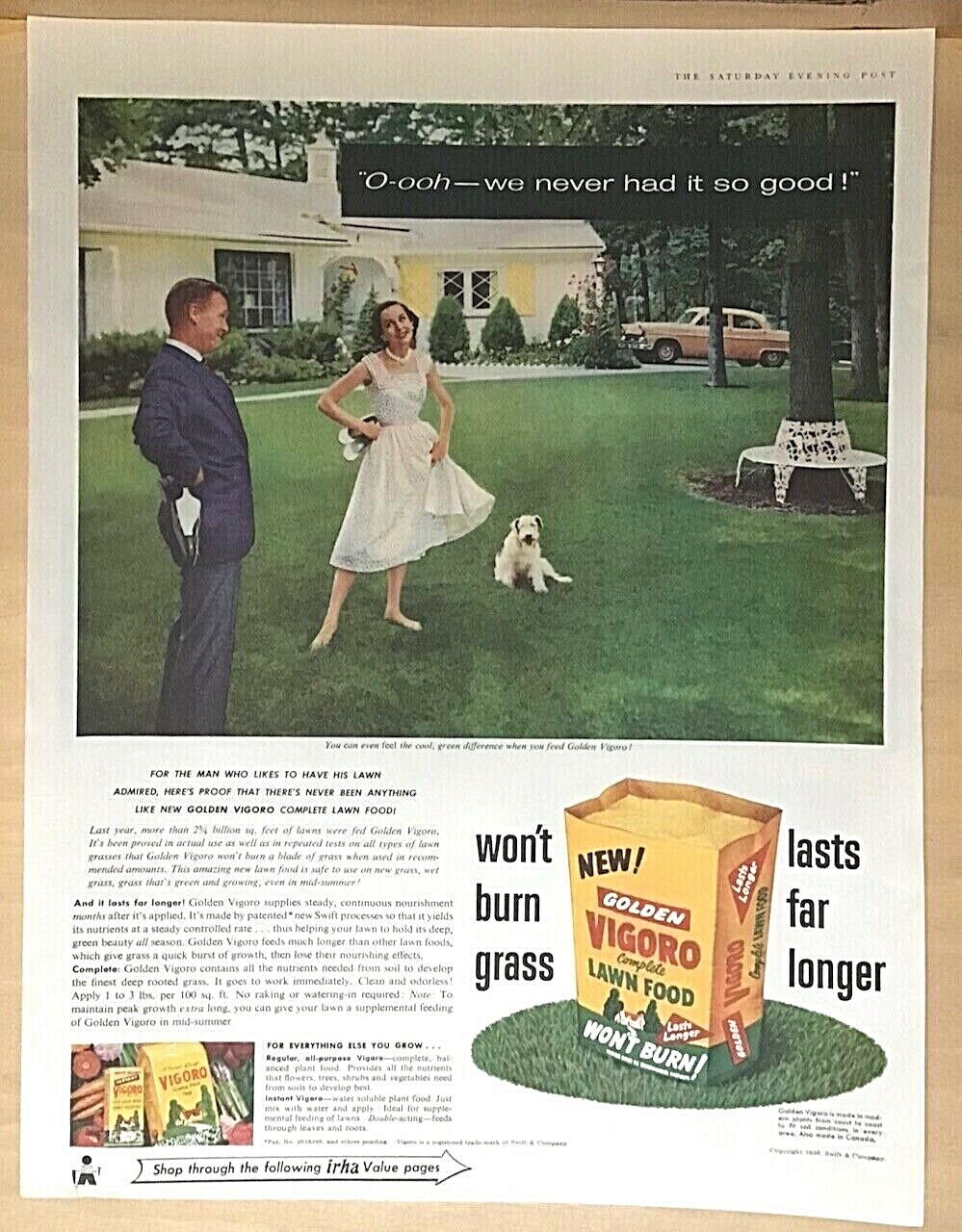 1956 magazine ad for Vigoro Lawn Food – We Never Had It So Good! suburban lawn