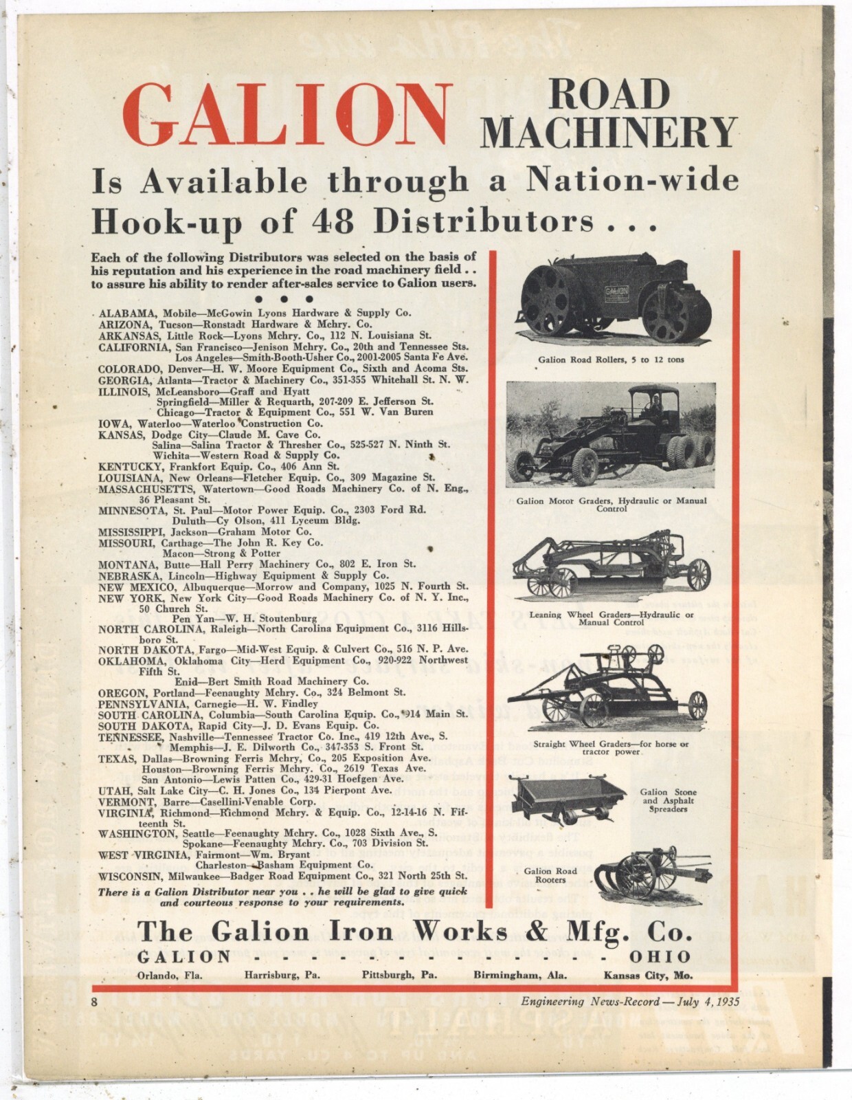 1935 Galion Iron Works Ad: Road Machinery Galion OhiO. List of 48 Dealers