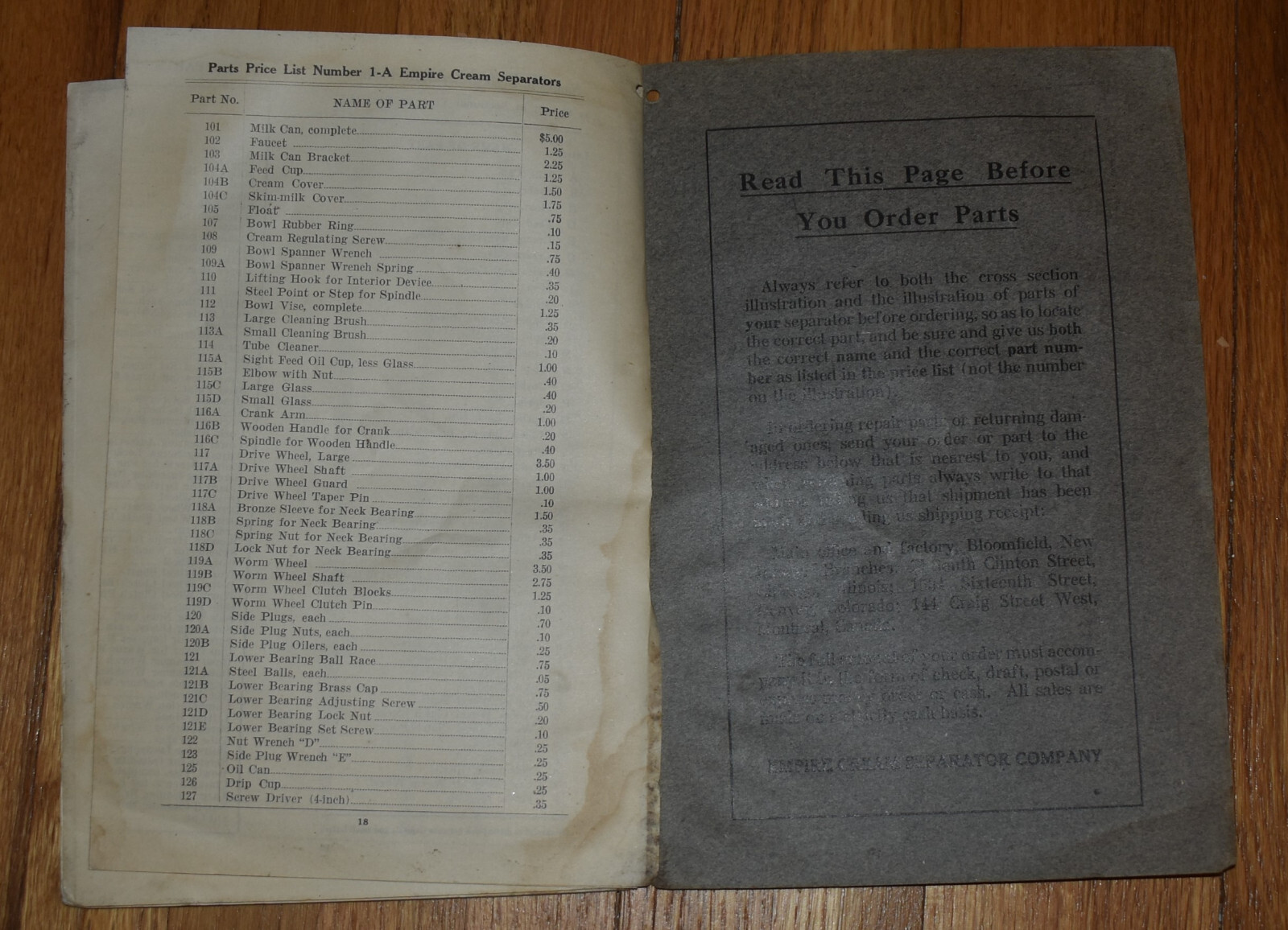 Vintage Empire Cream Seperator Company Price List Parts and Sundries Catalog