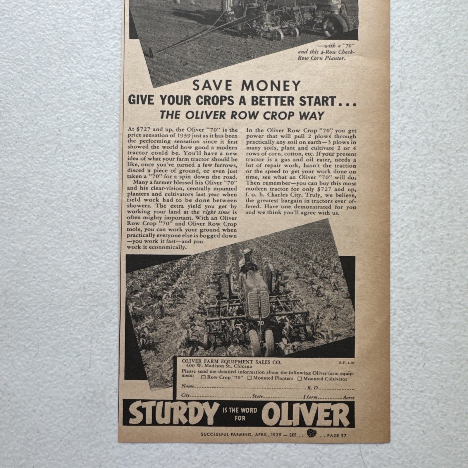 Oliver Farm Equip Co. Row Crop Planter Successful Farming 1939 Advertisement