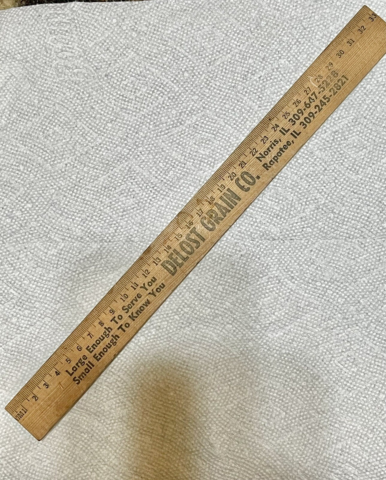 Vintage Wooden Ruler Delost Grain Co. Norris, Illinois/Rapatee Il.Farm Ag Ad