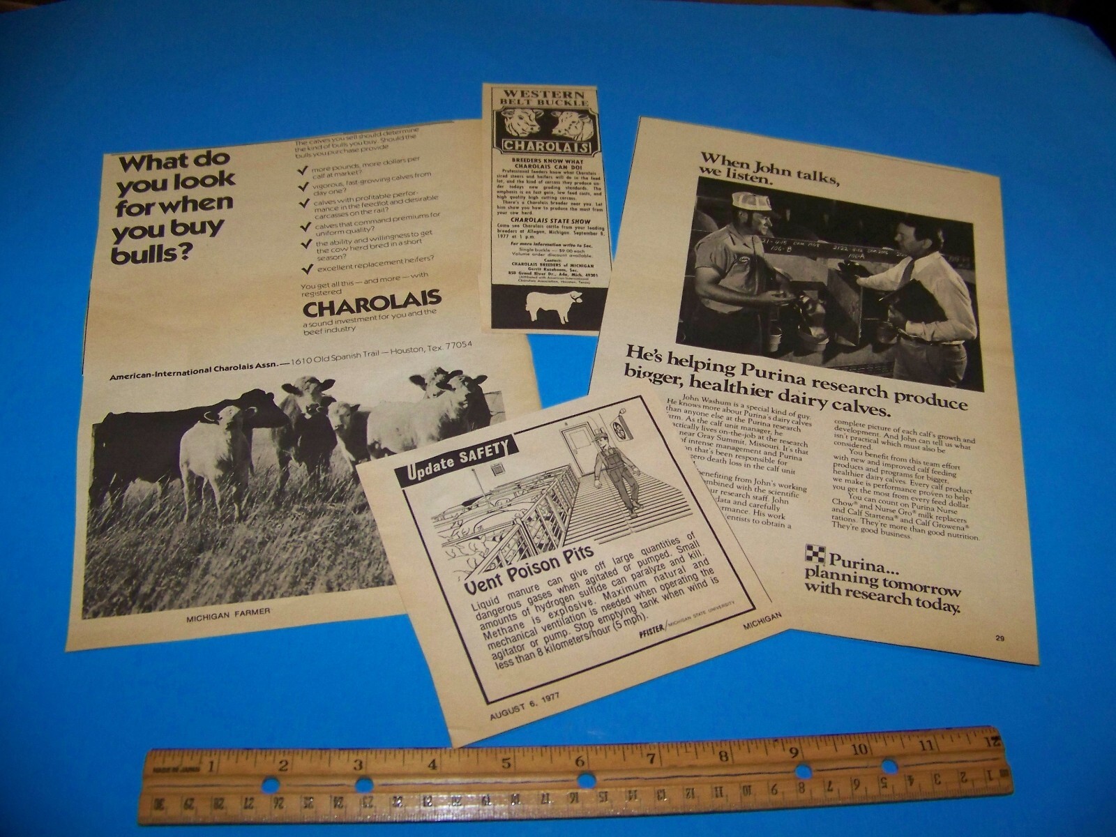 Mixed Lot Agricultural Print Ads from Magazine Vintage 1977 Charolais / Purina