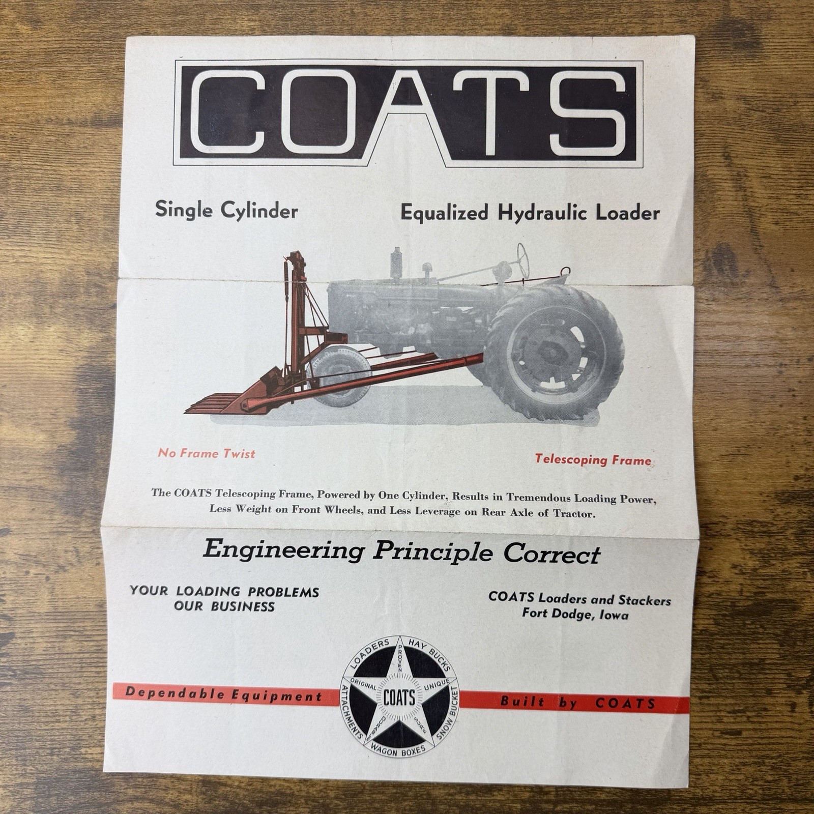 Vintage COATS Single Cylinder Hydraulic Loader Brochure Fort Dodge Iowa Farm