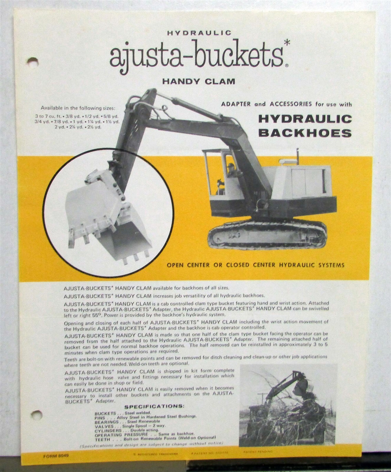 1974 Ajusta-Buckets Hydraulic Backhoe Construction Specification Sale Data Sheet