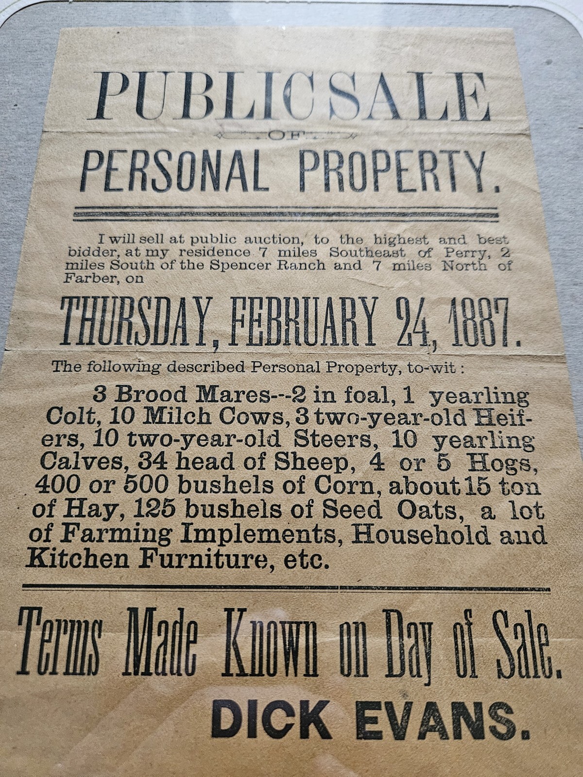 1887 Hand Bill Flyer Farm Auction Dick Evans Michigan Live Stock Equipment