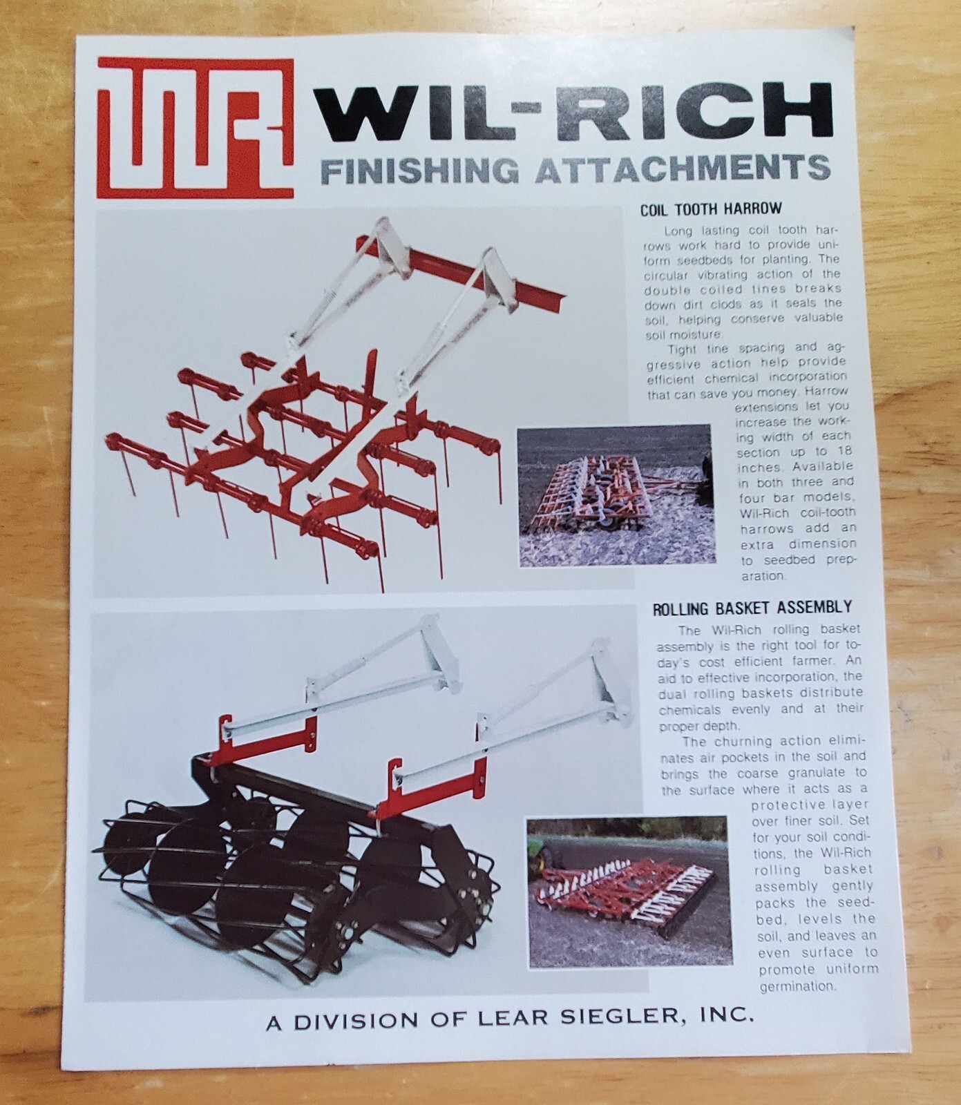 Wil-Rich Finishing Attachments Harrow Sales Brochure Pamphlet Lear Siegler