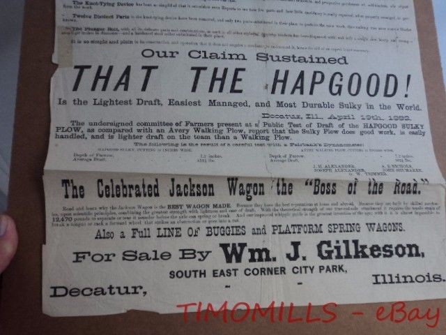 1882 Wm. Gilkeson Hapgood Plow Easterly Binder Advertising Newspaper Decatur IL