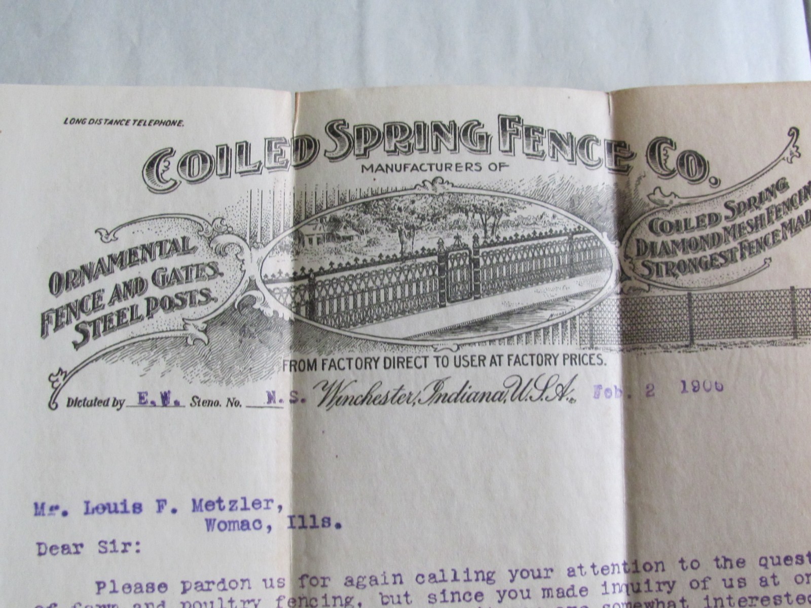 1906 COILED SPRING ORNAMENTAL FENCE WINCHESTER INDIANA LETTER & BROCHURE