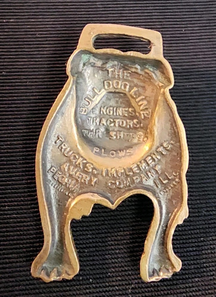 Antique « TEETH TALK » Avery Mfg Co Peoria IL TOOTHY BULLDOG Advertising Watch Fob