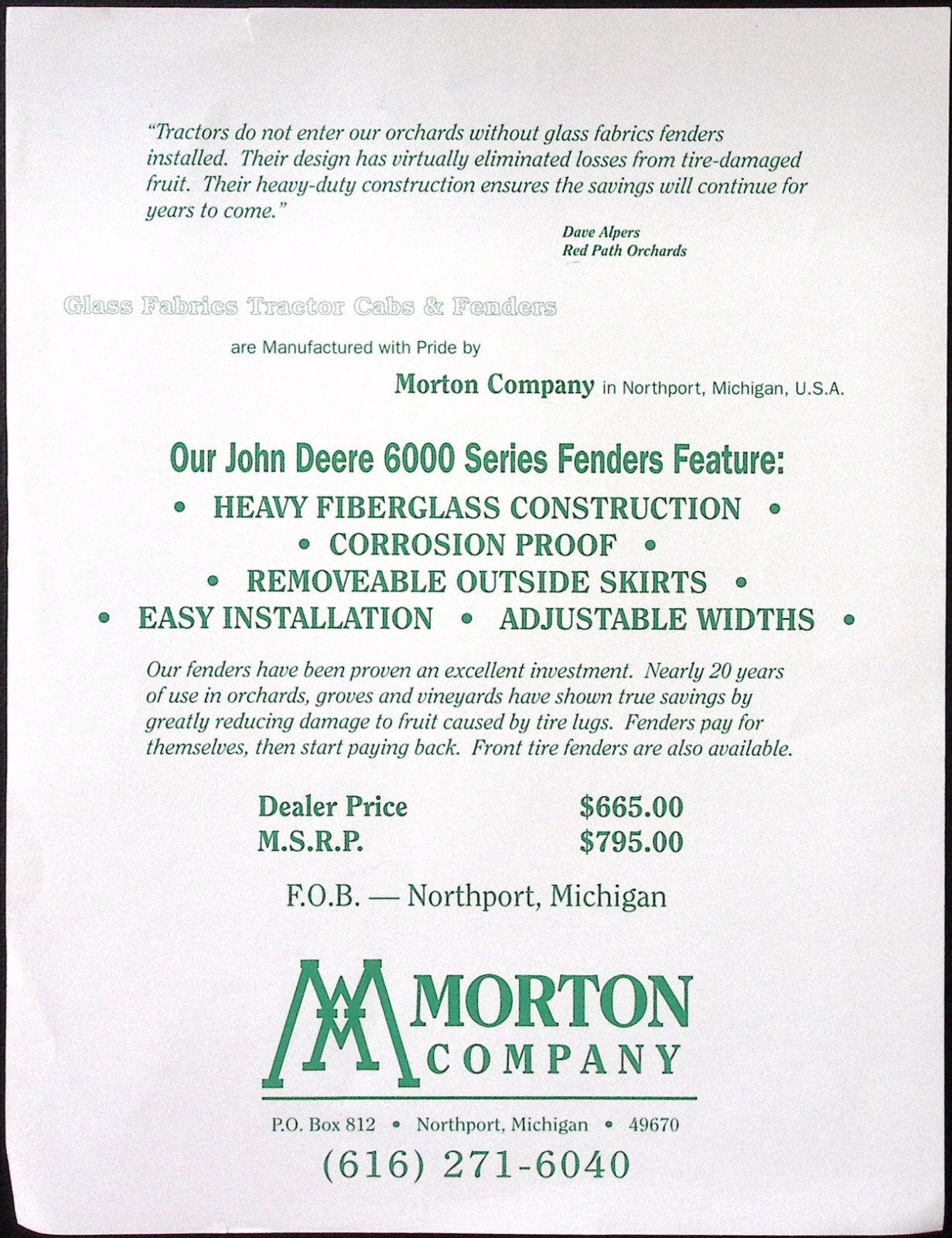 1950s Morton Co Glass Fabrics Fenders for John Deere 6000 Series Tractors Flyer