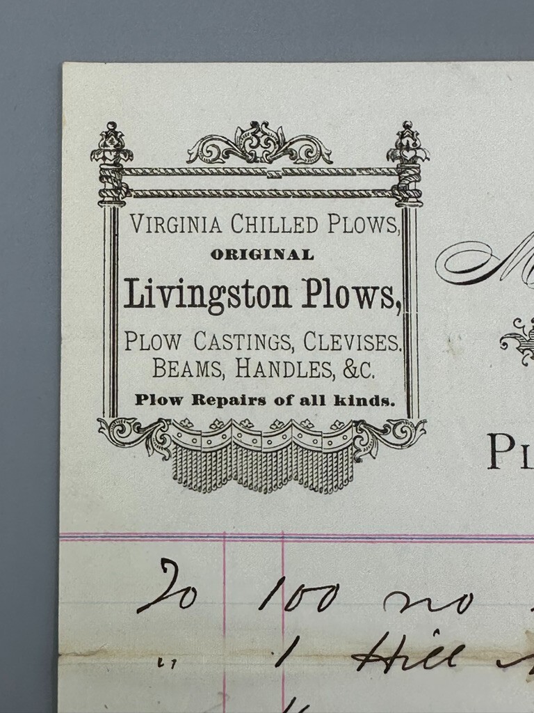 1881 STEELES TAVERN Virginia LIVINGSTON PLOWS Invoice FARM Advertising HUGH LYLE