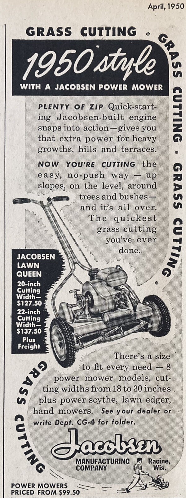 1950 AD(XH43)~JACOBSEN MFG. CO. RACINE, WIS. JACOBSEN POWER LAWN MOWER