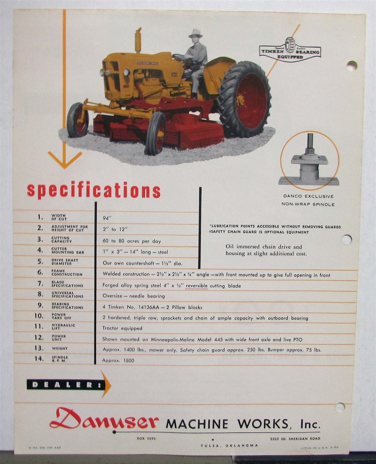 1963 Minneapolis Moline DANCO HR445 MM45 Tractor Specs Agricultural Data Sheet