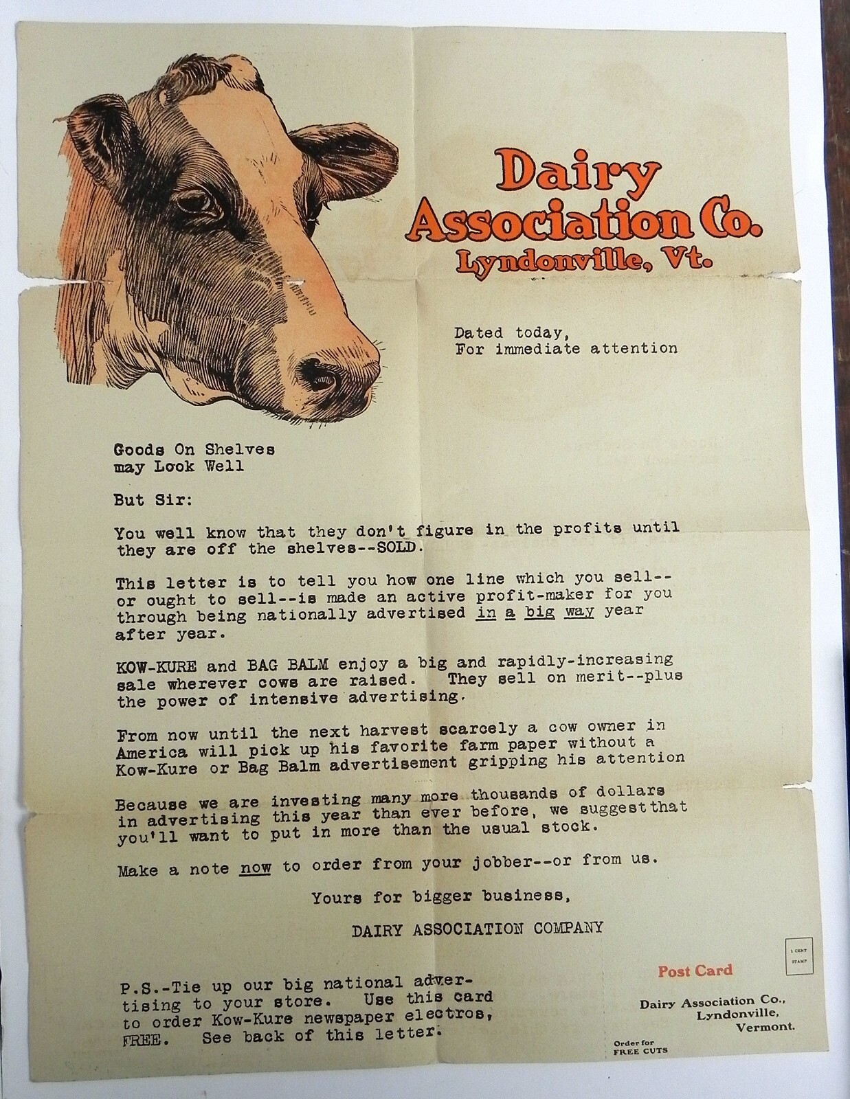 ca1920 KOW-KURE Dairy Association Co Rare Lg Advertising Mailer to Retailers