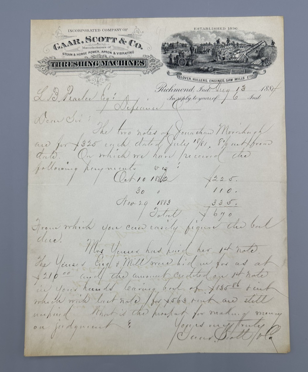 1884 GAAR SCOTT THRESHING MACHINES Letter FARM Advertising RICHMOND IN Antique