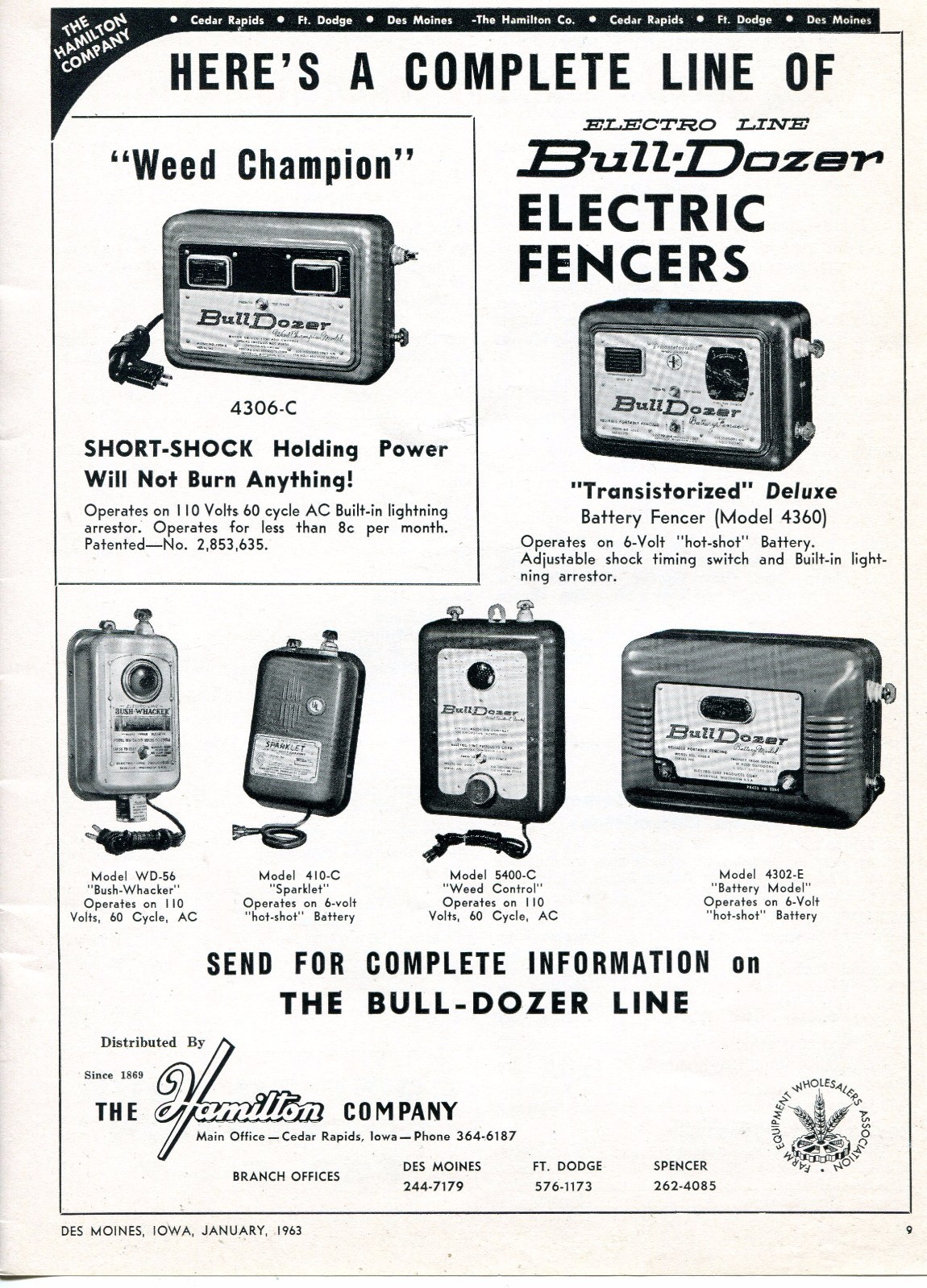 1963 Dealer Print Ad of The Hamilton Co Electro Line Bull-Dozer Electric Fencers