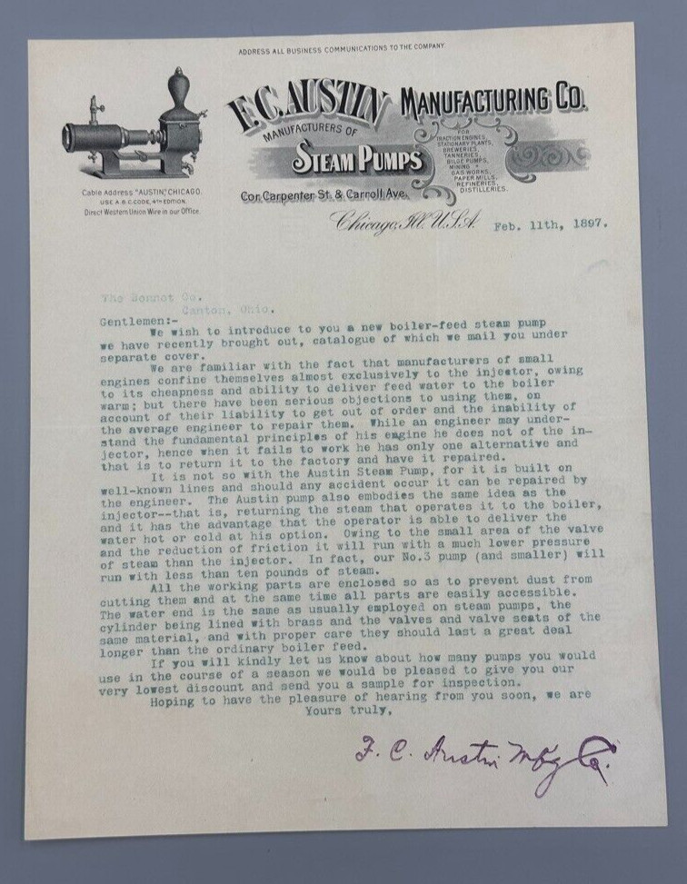 1897 F C AUSTIN STEAM PUMPS Antique Advertising Letter Farm Brewery Mining