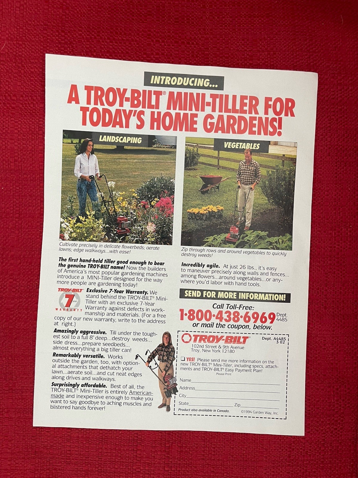 Vintage 1994 Print Ad Troy Built Mini Tiller For Home Gardens Advertisement