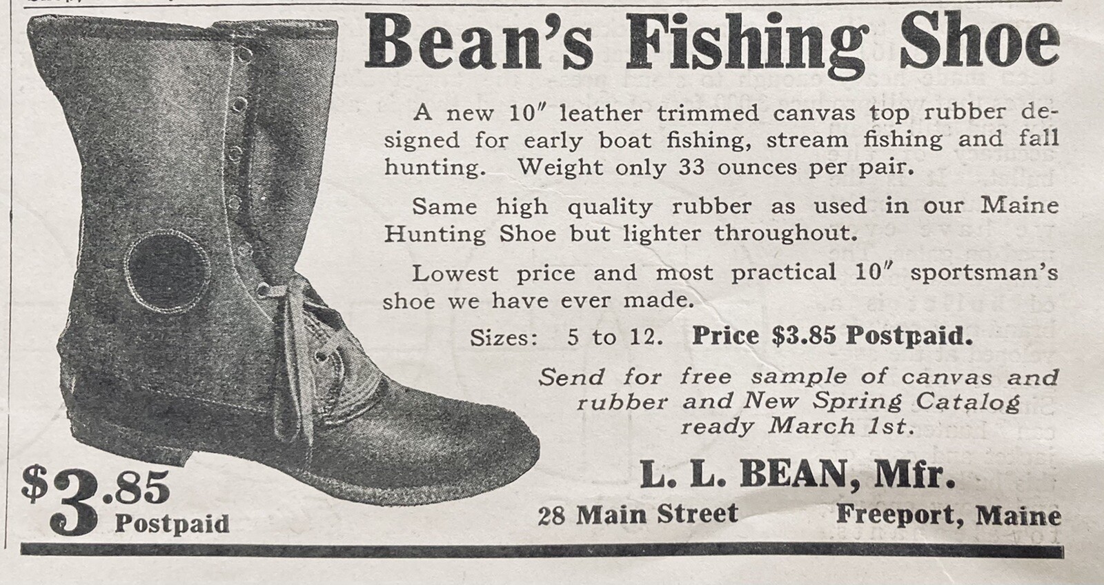 1930 AD.(XG11)~L.L. BEAN MFG. CO. FREEPORT, MAINE. BEAN’S FISHING SHOE