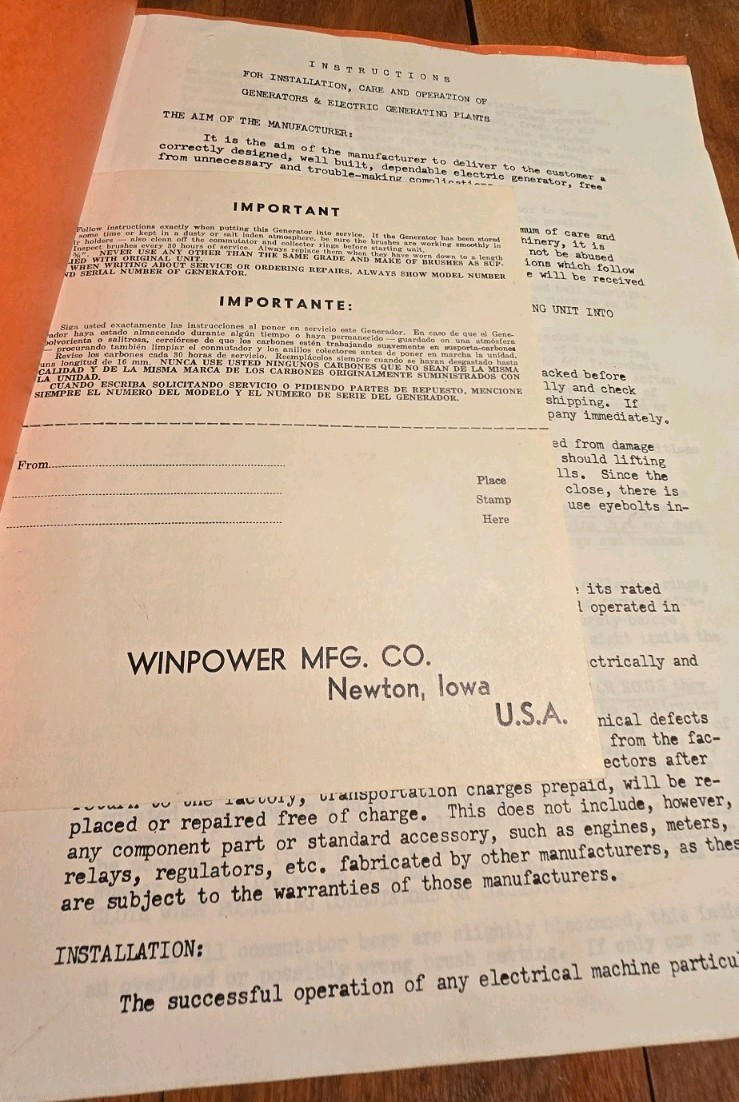 Antique Winpower Mfg. Co. Generator Instruction Manual Newton Iowa