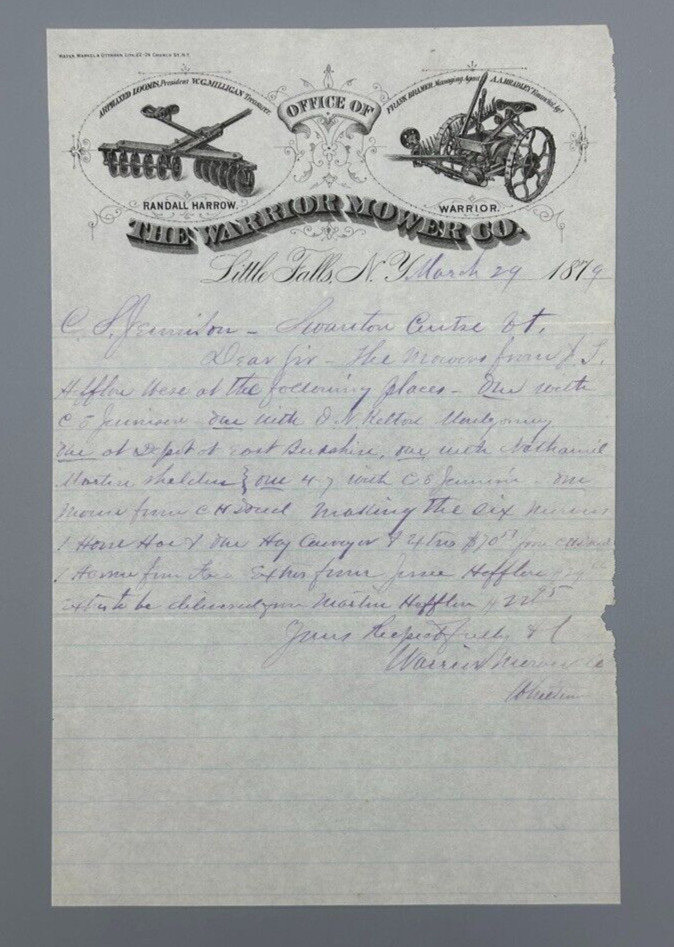 1879 WARRIOR MOWER Co Randall Harrow FARM Advertising Letterhead LITTLE FALLS NY