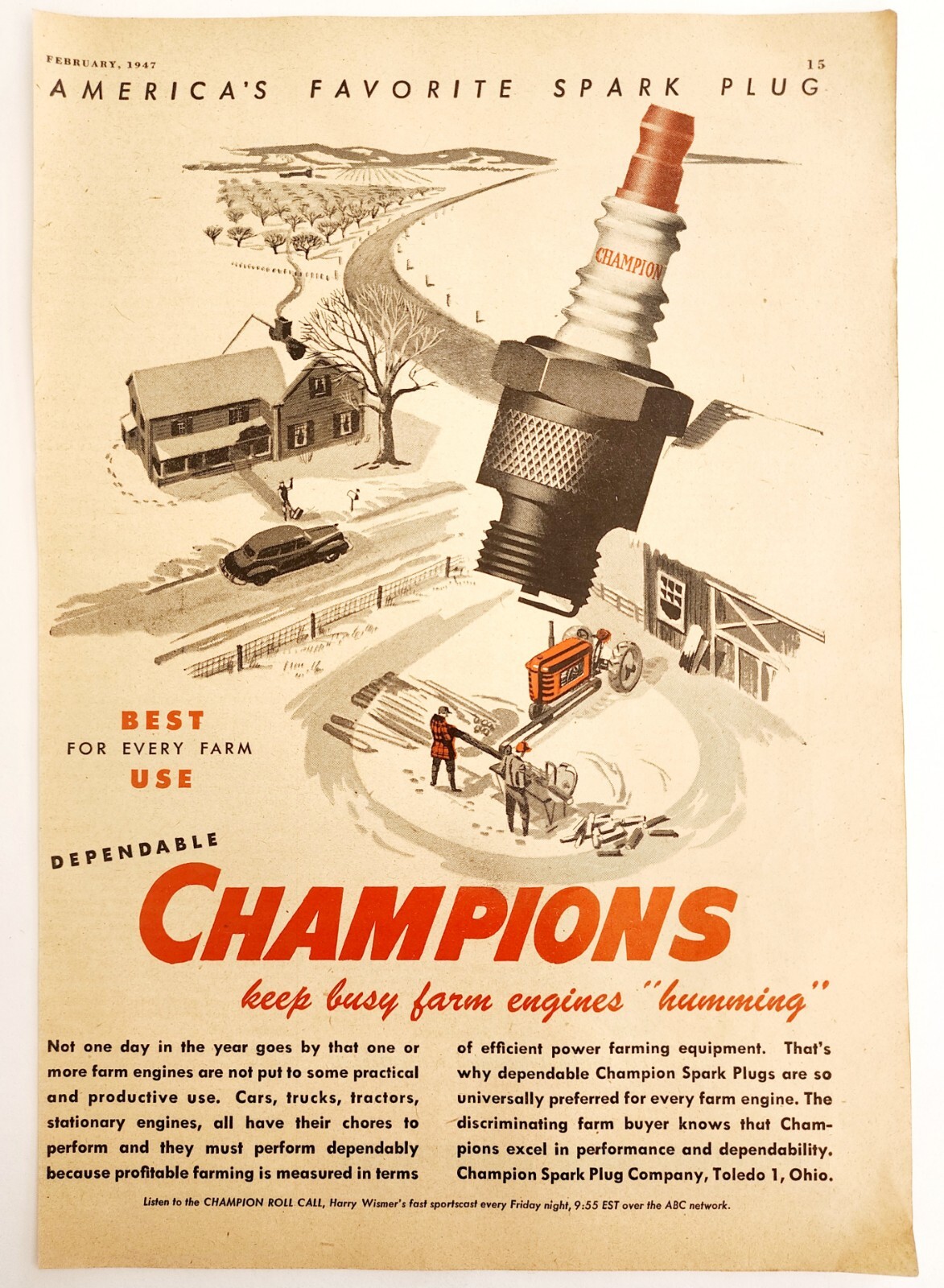 1947 Champion Spark Plugs Farm Scene Advertisement Agriculture Farming DWNN21