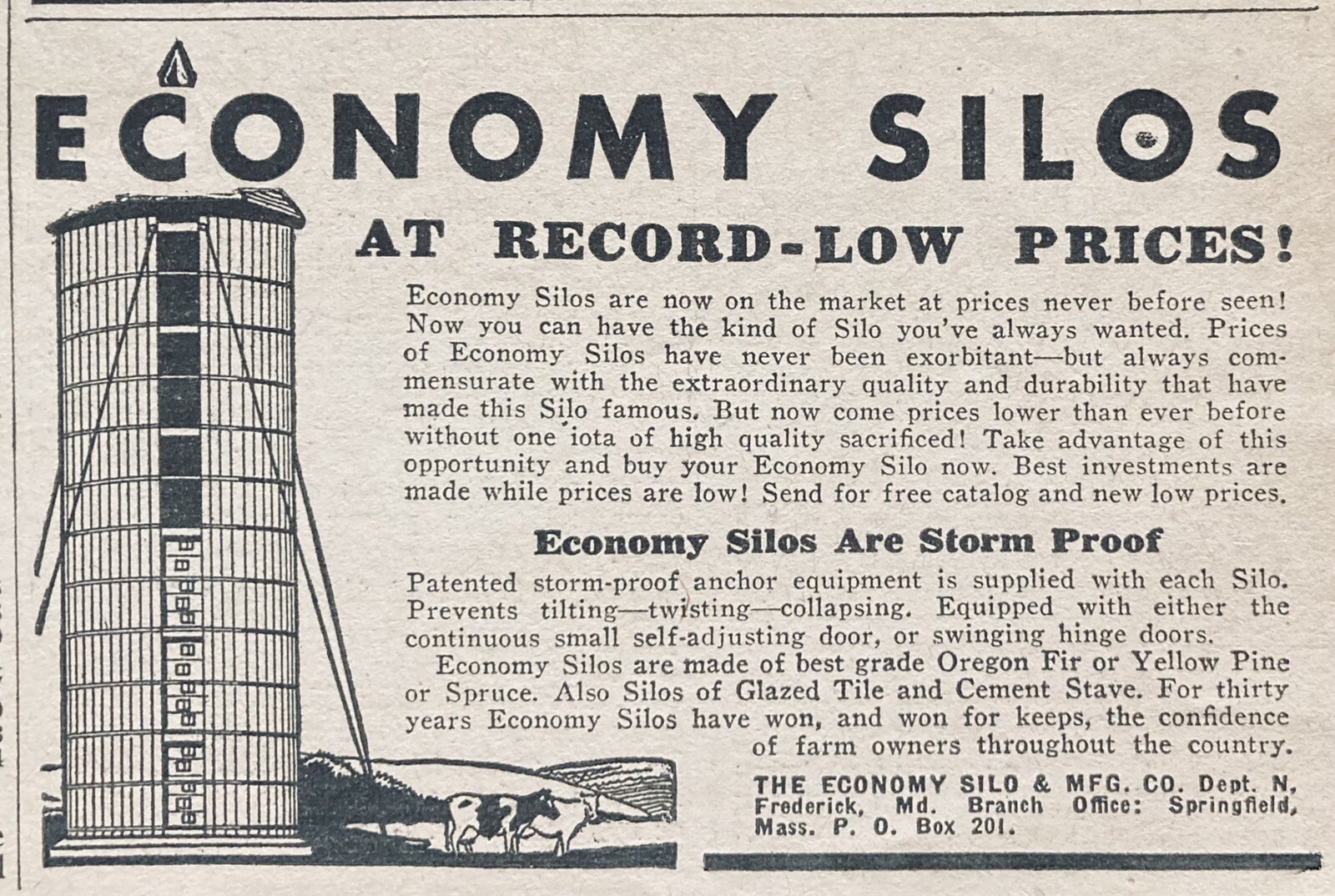 1932 AD(XH33)~THE ECONOMY SILO MFG. CO. FREDERICK, MD. STORM PROOF SILOS