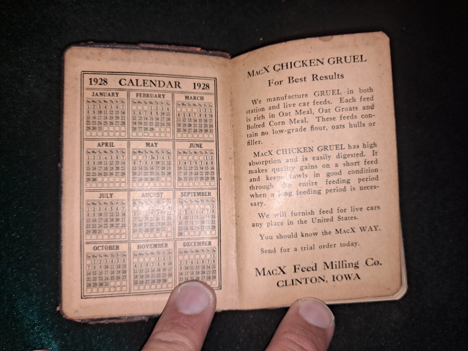 Mack Quality Feeds Notebook Pocket Ledger 1928 / 1929 Hog Cattle Pigs Clinton Ia