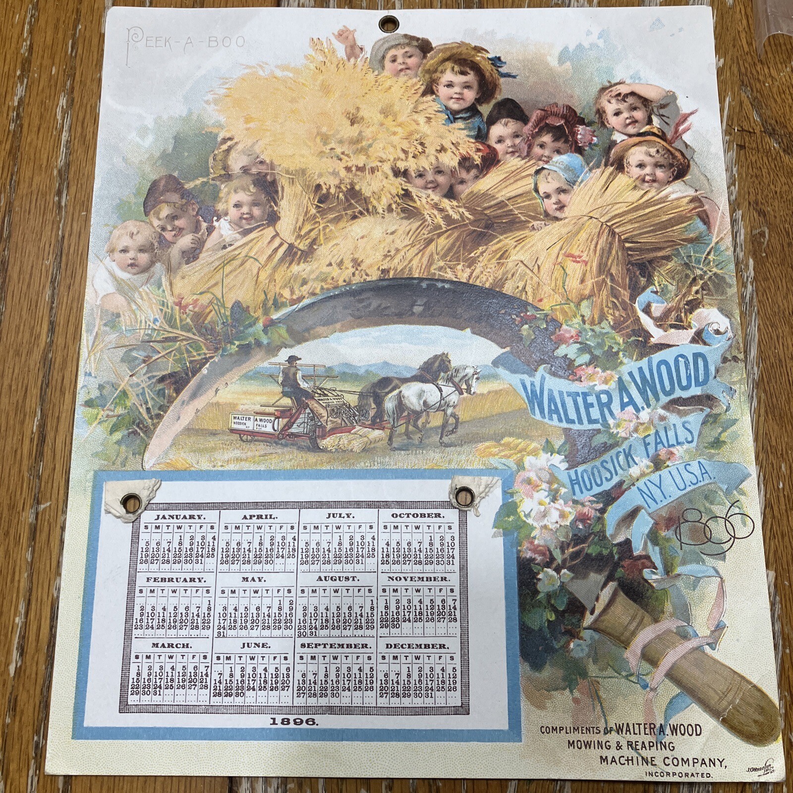Antique 1896 Advertising Calendar Walter A. Wood Agriculture Farm Peek A Boo Kid