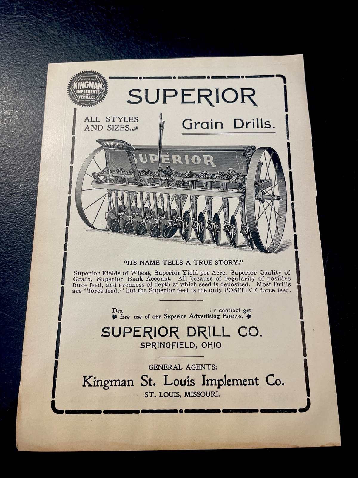 ORIGINAL 1907 Superior Grain Drills Farm Advertising – Springfield, OH – Kingman