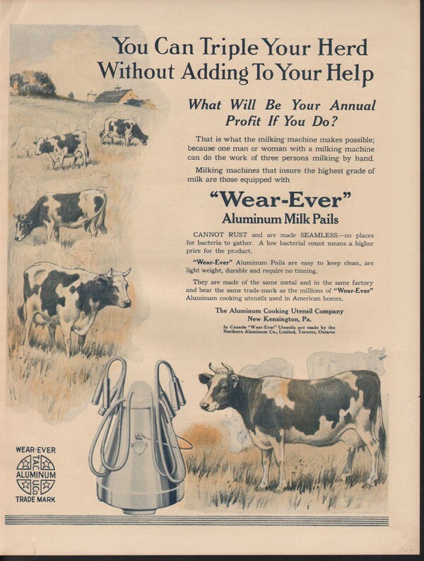 1920 ALUMINUM COOKING UTENSIL WEAR EVER MILK PAILS COW FARM BARN MACHINE 19009