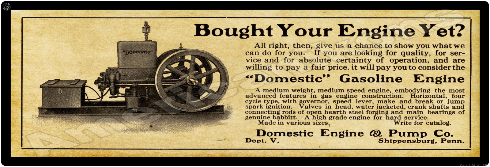1914 Domestic Engine & Pump Gas Engine Metal Sign: Shippensburg, PA – 6&Prime; x 18&Prime;