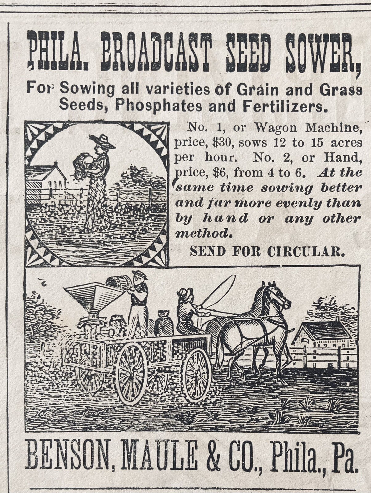 1882 AD.(XH64)~BENSON, MAULE CO. PHIL., PA. PHILADELPHIA BROADCAST SEED SOWER