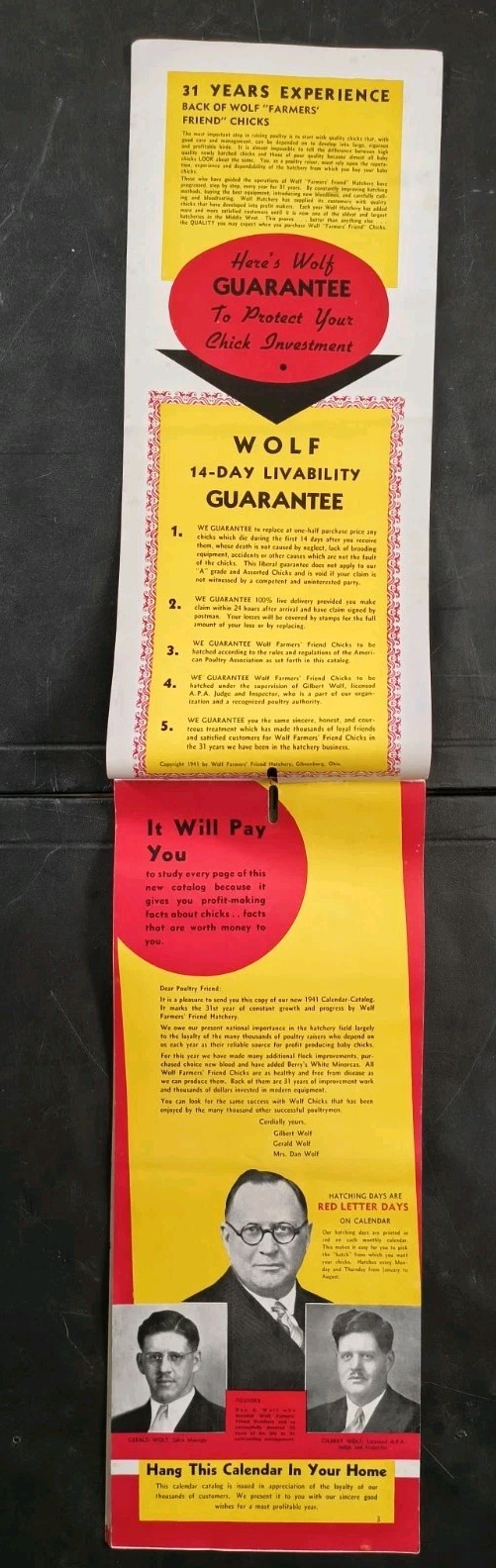 1941 Wolf Baby Chicks Catalog Calendar Sale Brochure Chicken Farming Advertising