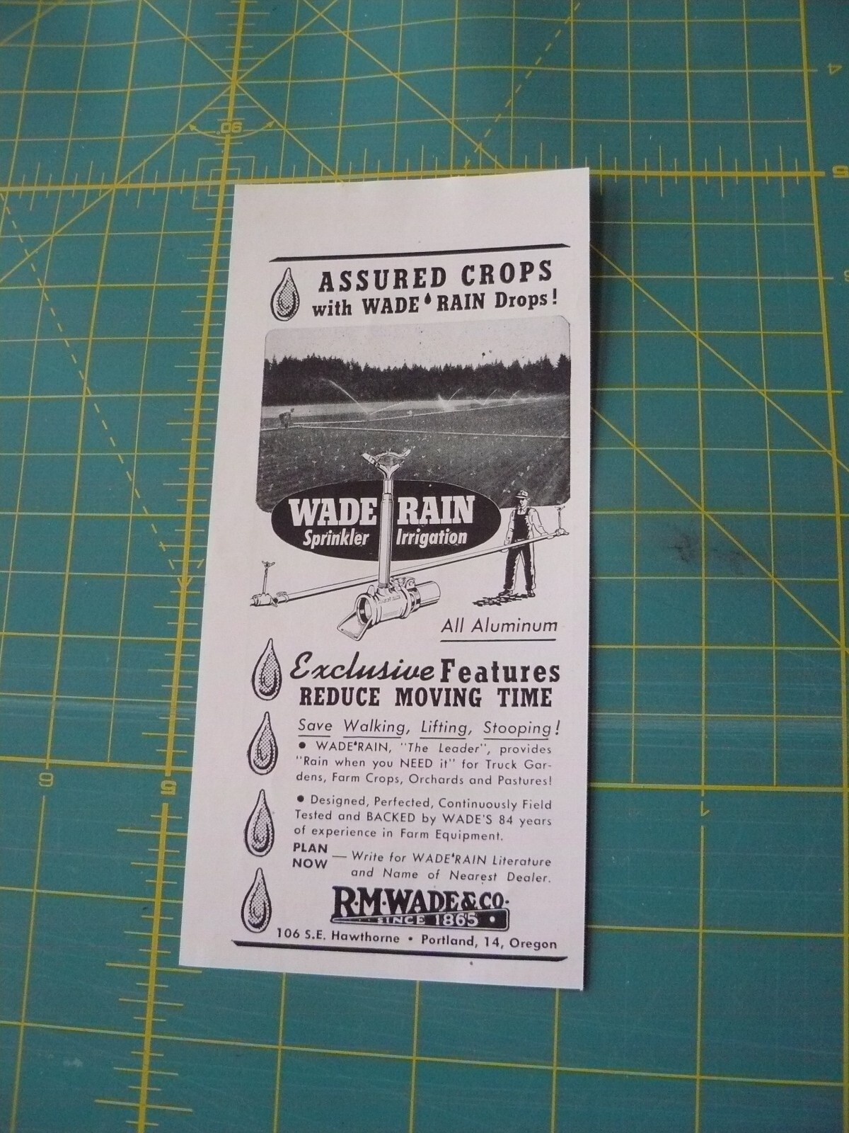 THE FARM QRTLY- Aug 1949 -ad- WADE RAIN -REDUCE MOVING TIME / Portland, Oregon