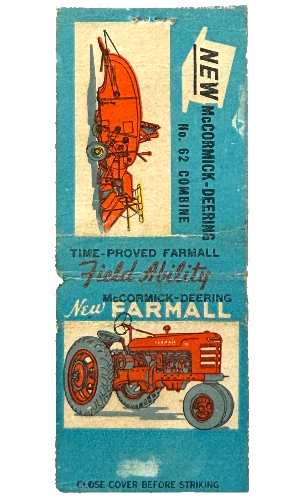 1940s McCormick Deering Farmall Tractor Combine Matchbook Cover Farming Machine