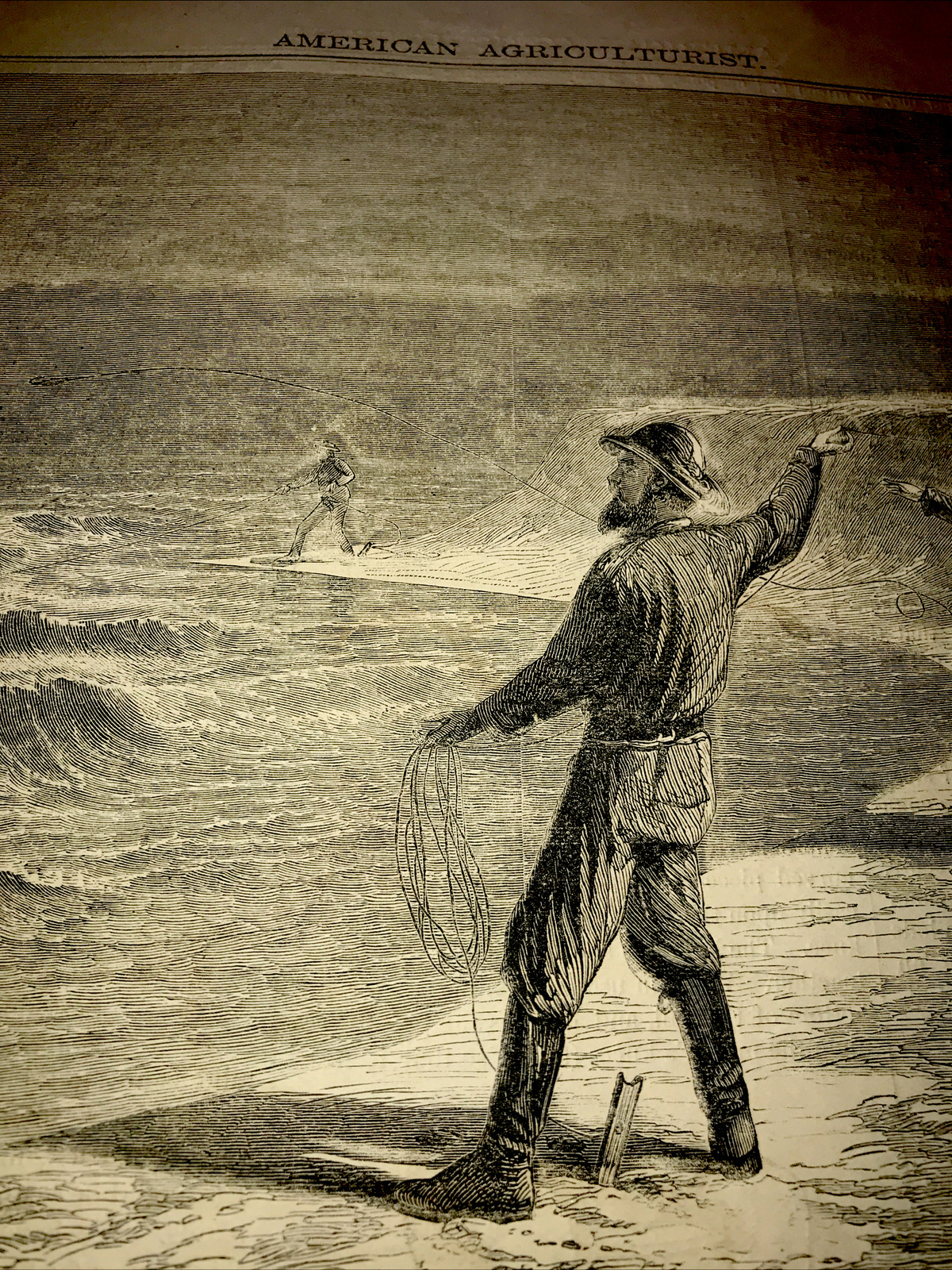 1873 BLUE-FISHING FROM THE SHORE Engraving Advertising