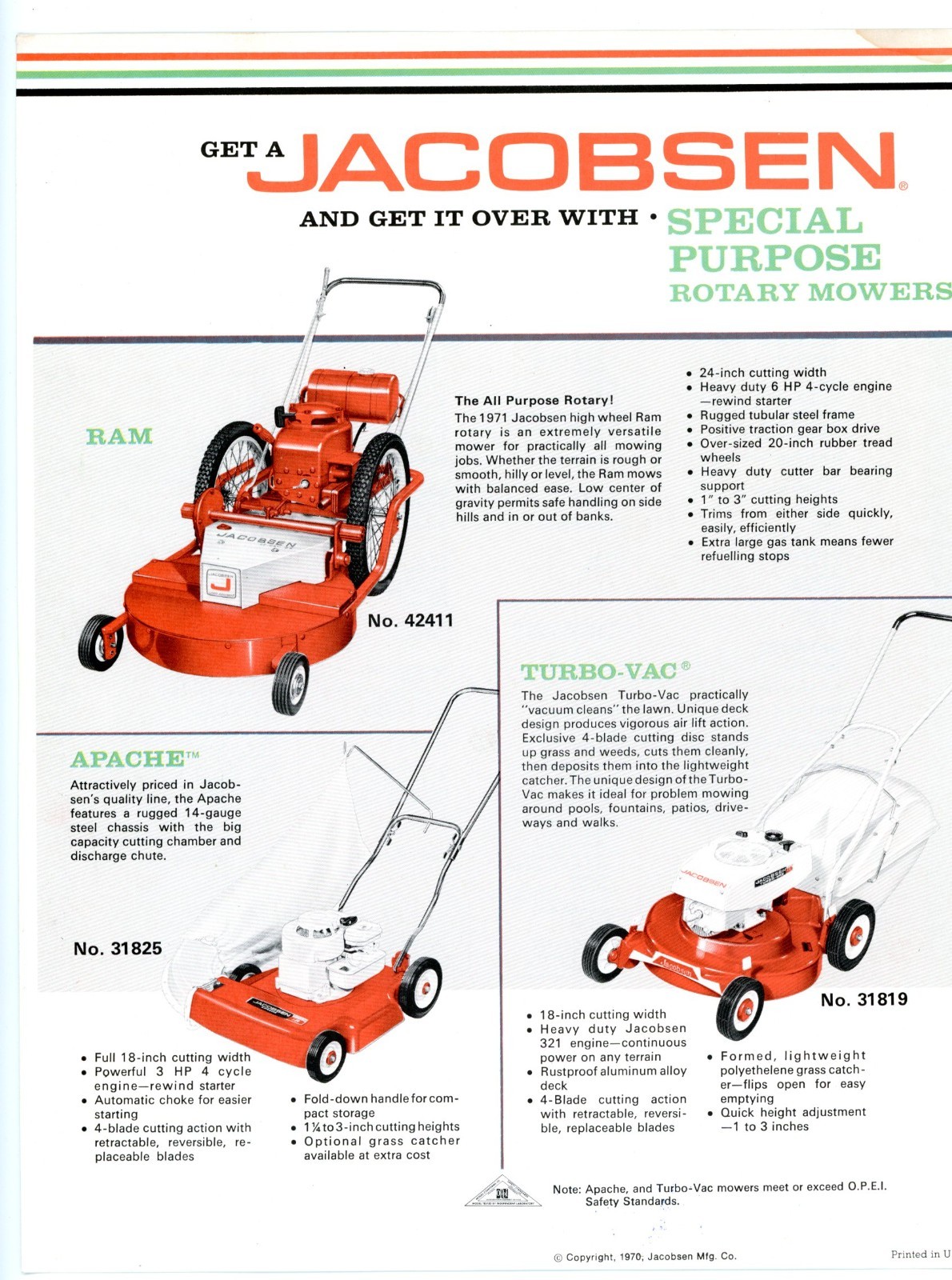 1971 Jacobsen Ram Apace and Turbo-Vac lawn mower brochure Jacobsen Man&rsquo;f Co