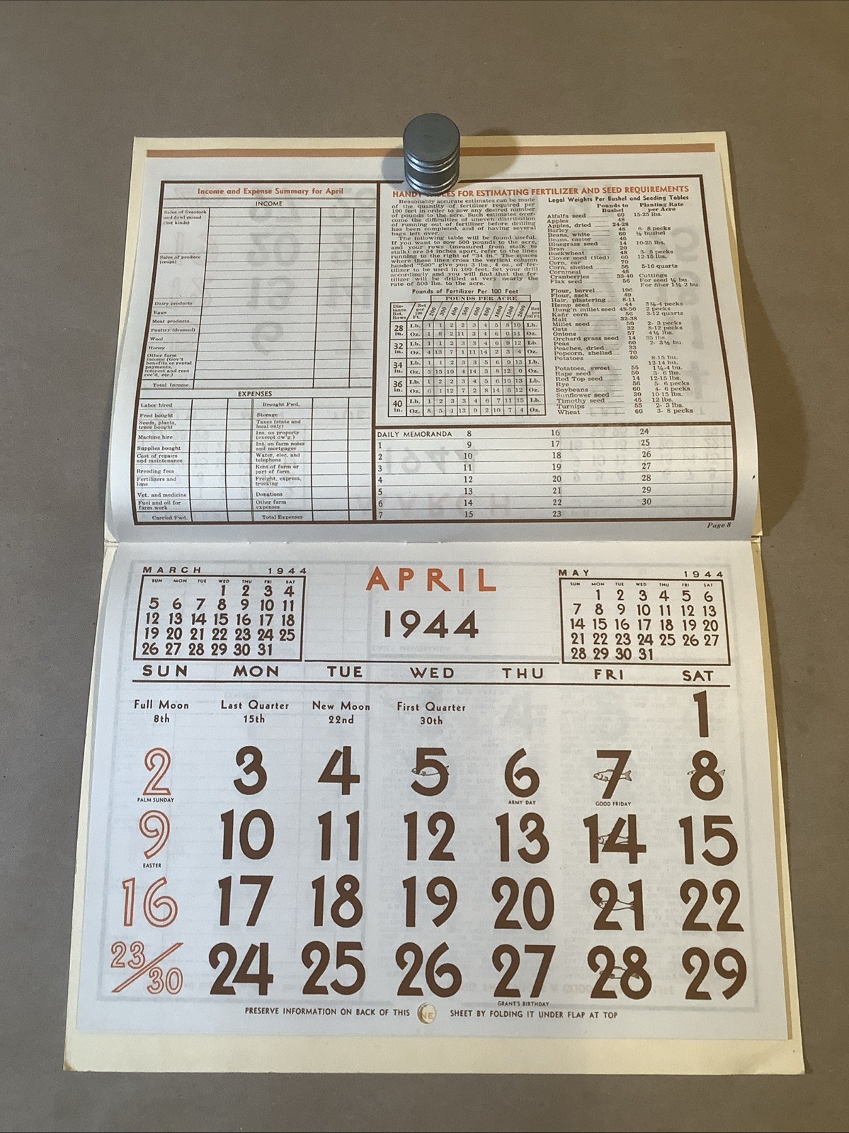1944 Muntz-McLaughlin Co. Farm Inventory Calendar Holgate OH INV-P0547
