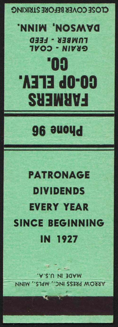 Vintage matchbook cover FARMERS CO OP ELEVATOR Dawson Minnesota unstruck n-mint